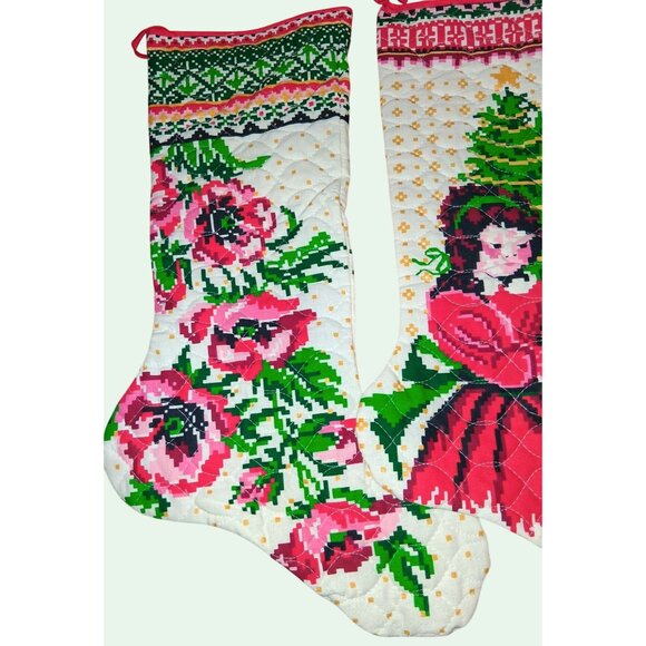 Set Of 3 Quilted Christmas Stockings Vintage-Inspired Designs Floral Victorian L - Picture 2 of 10